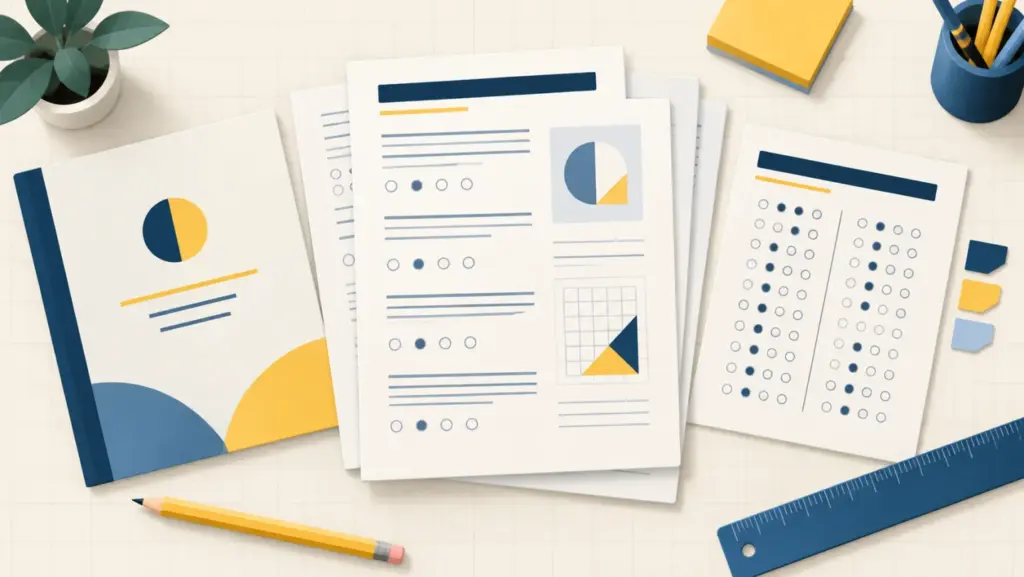 Exam paper template with organized pages and answer sheet